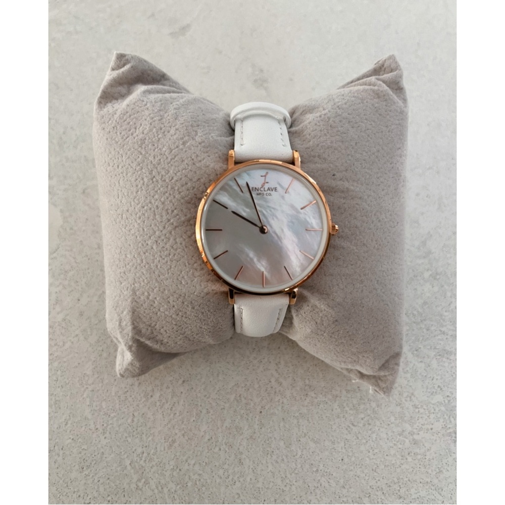 Women’s Enclave White Leather Watch, Rose Gold and Mother Pearl Face